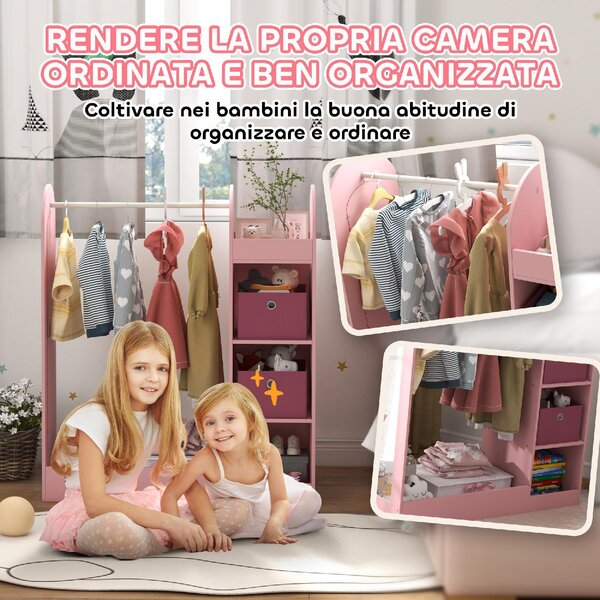 DecHome Appendiabiti per Cameretta con Asta Ripiani e Specchio Guardaroba a Giorno per Bambini 92x36x106 cm colore Rosa