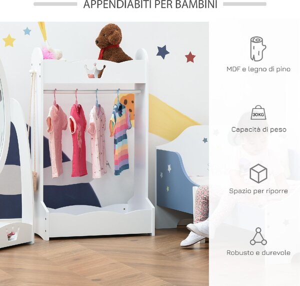 DecHome Appendiabiti per Cameretta con Asta Ganci e Ripiani in Legno Guardaroba a Giorno per Bambini 63x37x103cm colore Bianco