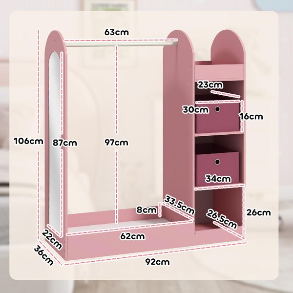 DecHome Appendiabiti per Cameretta con Asta Ripiani e Specchio Guardaroba a Giorno per Bambini 92x36x106 cm colore Rosa