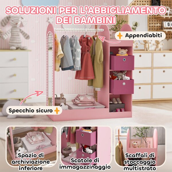 DecHome Appendiabiti per Cameretta con Asta Ripiani e Specchio Guardaroba a Giorno per Bambini 92x36x106 cm colore Rosa