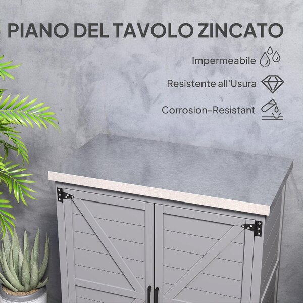 VivaGarden Armadietto da Esterno / Balcone Antipioggia con Ripiano e Banco da Lavoro in Legno e Acciaio 79x43x92 cm colore Grigio