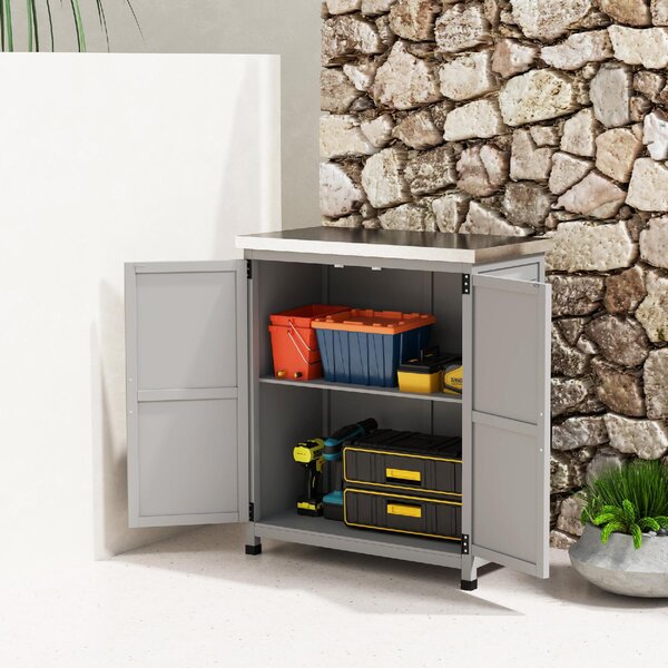 VivaGarden Armadietto da Esterno / Balcone Antipioggia con Ripiano e Banco da Lavoro in Legno e Acciaio 79x43x92 cm colore Grigio