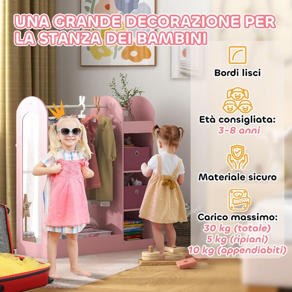 DecHome Appendiabiti per Cameretta con Asta Ripiani e Specchio Guardaroba a Giorno per Bambini 92x36x106 cm colore Rosa