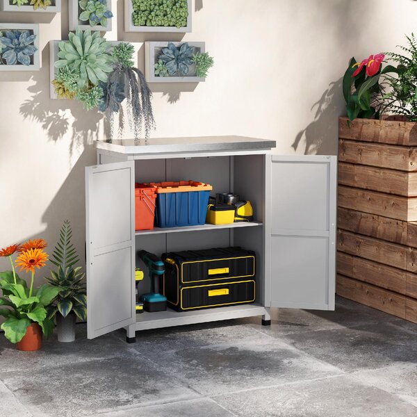 VivaGarden Armadietto da Esterno / Balcone Antipioggia con Ripiano e Banco da Lavoro in Legno e Acciaio 79x43x92 cm colore Grigio