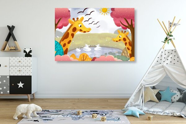 Quadro su tela – Giraffe al laghetto