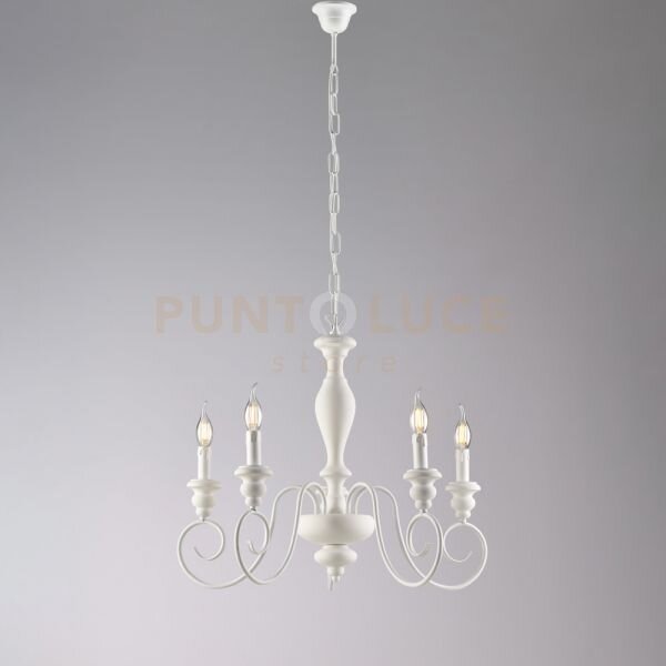 Lampadario in legno e ferro laccato bianco shabby 5 luci cascina