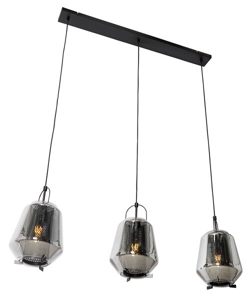 Lampada a sospensione nera con vetro fumé 23 cm oblungo 3 luci - Kevin
