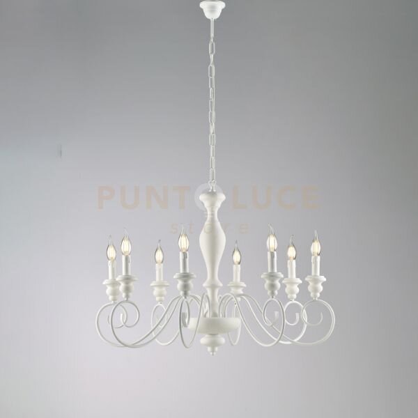 Lampadario in legno e ferro laccato bianco shabby 8 luci cascina