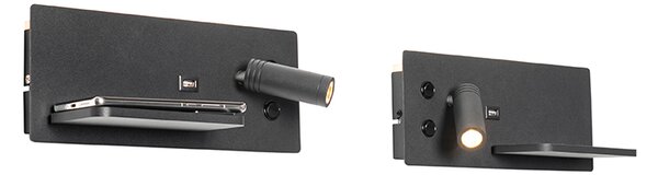 Set di 2 lampade da parete nere con LED, USB e caricabatterie a induzione - Riza