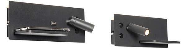 Set di 2 lampade da parete nere con LED, USB e caricabatterie a induzione - Riza