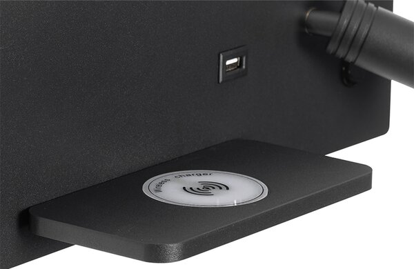 Set di 2 lampade da parete nere con LED, USB e caricabatterie a induzione - Riza