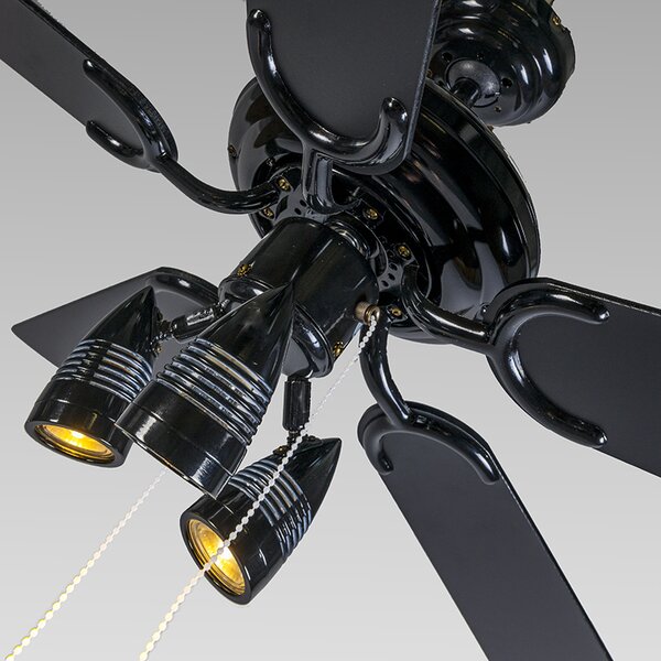 Ventilatore da soffitto nero 110 cm 3 luci con cordicella - Mistral