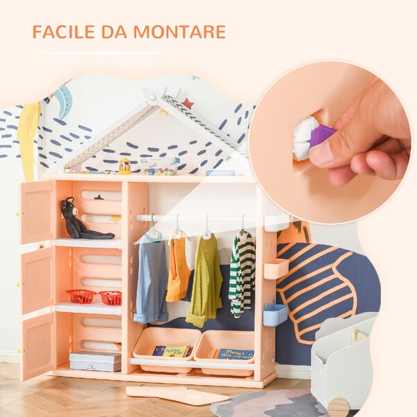 DecHome Armadio Cameretta Mobile Portagiochi con Contenitori e Appendiabiti Arancione