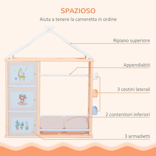 DecHome Armadio Cameretta Mobile Portagiochi con Contenitori e Appendiabiti Arancione