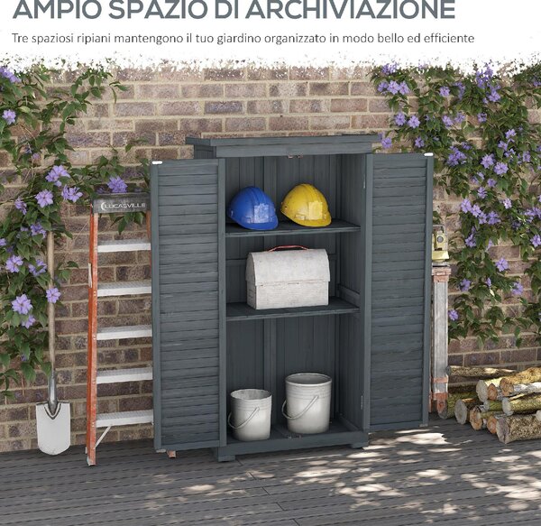 VivaGarden Armadio da Esterno / Balcone Antipioggia in Legno con 2 Porte a Persiana e Ripiani Interni 87x46.5x160 cm colore Grigio