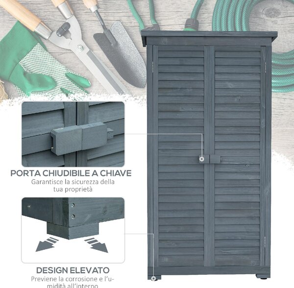 VivaGarden Armadio da Esterno / Balcone Antipioggia in Legno con 2 Porte a Persiana e Ripiani Interni 87x46.5x160 cm colore Grigio