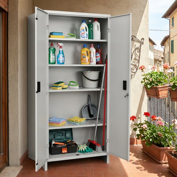 KETER Armadio da Esterno / Balcone in Metallo 2 ante 4 ripiani Dimensioni 175x60x40 cm colore Grigio