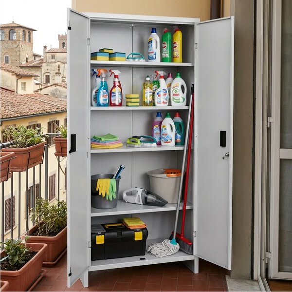 PROMETAL Armadio da Esterno / Balcone in Metallo 2 ante 4 ripiani Dimensioni 100x40x180 cm colore Grigio - Pratiko