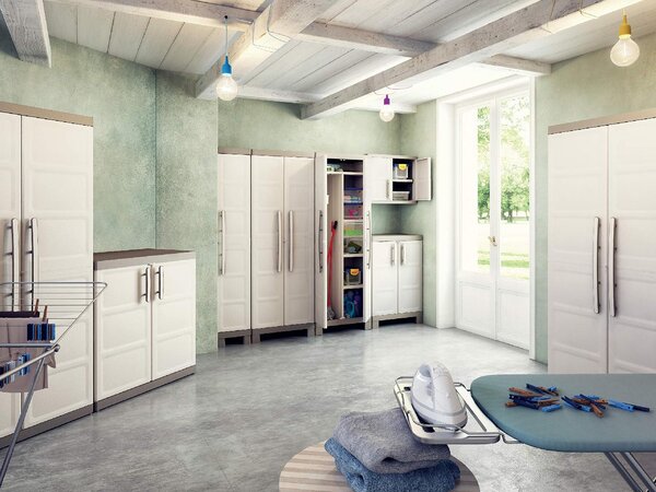 KETER Armadio da Esterno / Balcone in Plastica Antipioggia 2 ante 4 ripiani Dimensioni 65x45x182 cm colore Beige/Grigio