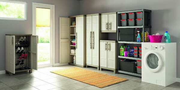 KETER Armadio da Esterno / Balcone in Plastica Antipioggia 2 ante 4 ripiani Dimensioni 65x45x182 cm colore Beige/Grigio