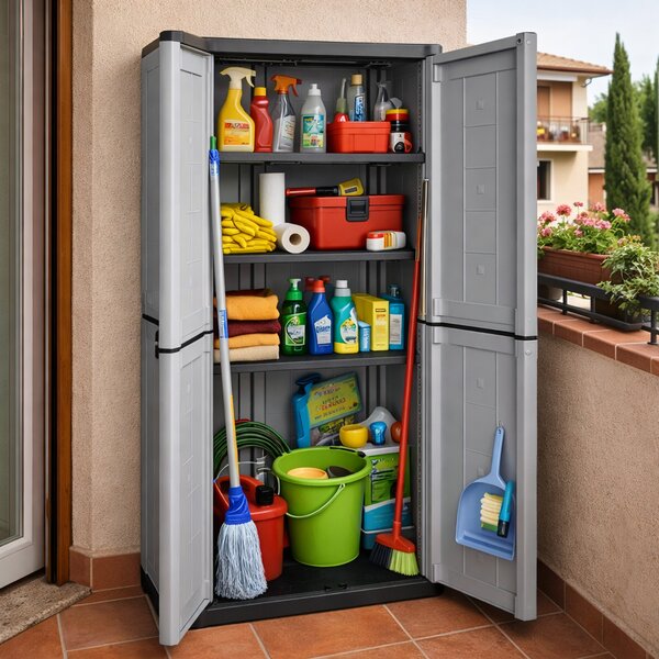 KIS Armadio da Esterno / Balcone in Resina Antipioggia 2 ante 3 ripiani Dimensioni 68x39x166 cm colore Grigio/Nero - Jolly