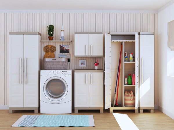 KETER Armadio da Esterno Portascope in Plastica Antipioggia 2 ante 4 ripiani Dimensioni 65x45x182 cm colore Beige/Grigio