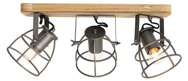 Faretto industriale grigio scuro con legno regolabile 3 luci - Arthur