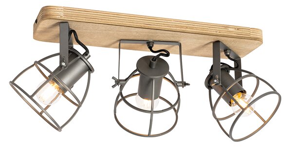 Faretto industriale grigio scuro con legno regolabile 3 luci - Arthur