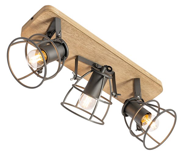 Faretto industriale grigio scuro con legno regolabile 3 luci - Arthur