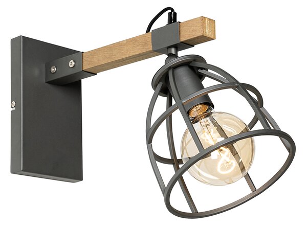 Applique da parete industriale grigio scuro con legno regolabile - Arthur