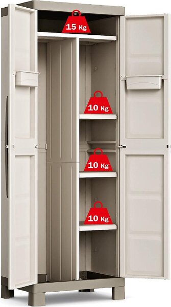 KETER Armadio da Esterno Portascope in Plastica Antipioggia 2 ante 4 ripiani Dimensioni 65x45x182 cm colore Beige/Grigio