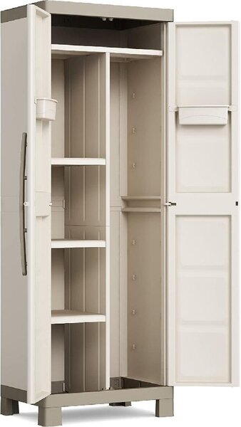 KETER Armadio da Esterno Portascope in Plastica Antipioggia 2 ante 4 ripiani Dimensioni 65x45x182 cm colore Beige/Grigio