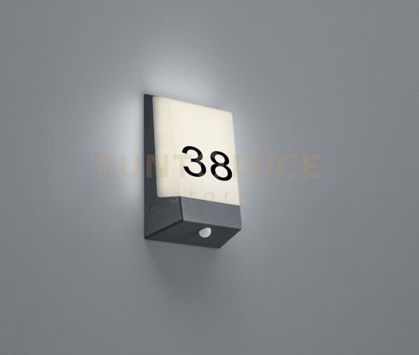 Kasai applique led 9w 50lm, 3000k antracite con sensore e numero ci