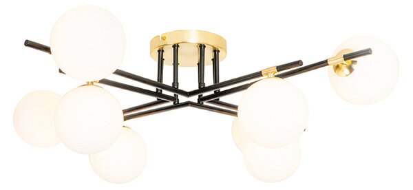 Plafoniera Art Déco nera con oro e vetro opalino 8 luci - Lynn