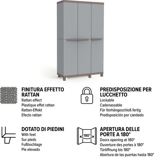 TERRY Armadio da Esterno Portascope in Plastica Antipioggia 3 ante 3 ripiani Dimensioni 102x39x170 cm colore Grigio/Tortora