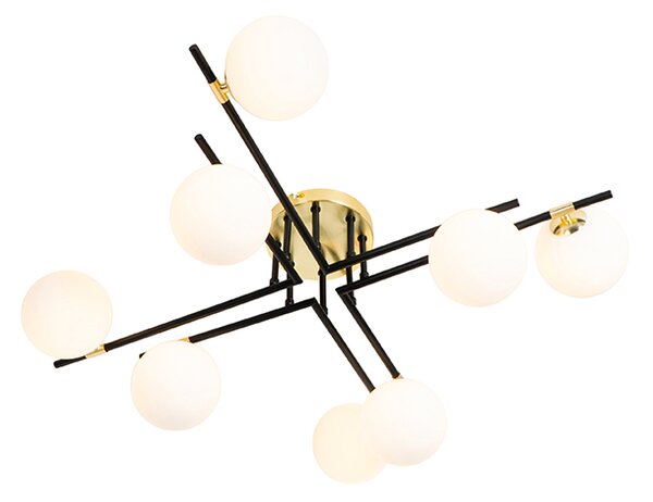 Plafoniera Art Déco nera con oro e vetro opalino 8 luci - Lynn