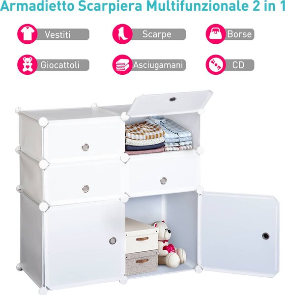 DecHome Armadio Guardaroba Scarpiera Modulare in Plastica 6 Cubi colore Bianco 75x37x73 cm