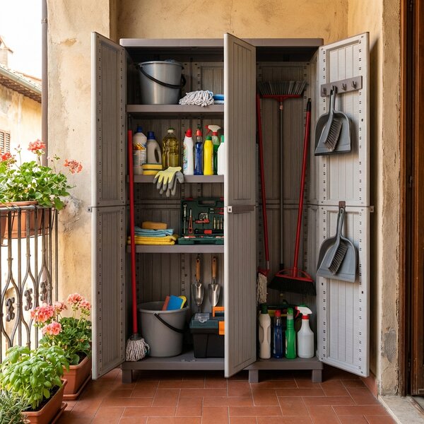 TERRY Armadio da Esterno Portascope in Resina Antipioggia 3 ante 3 ripiani Dimensioni 102x39x170 cm colore Tortora - Wood