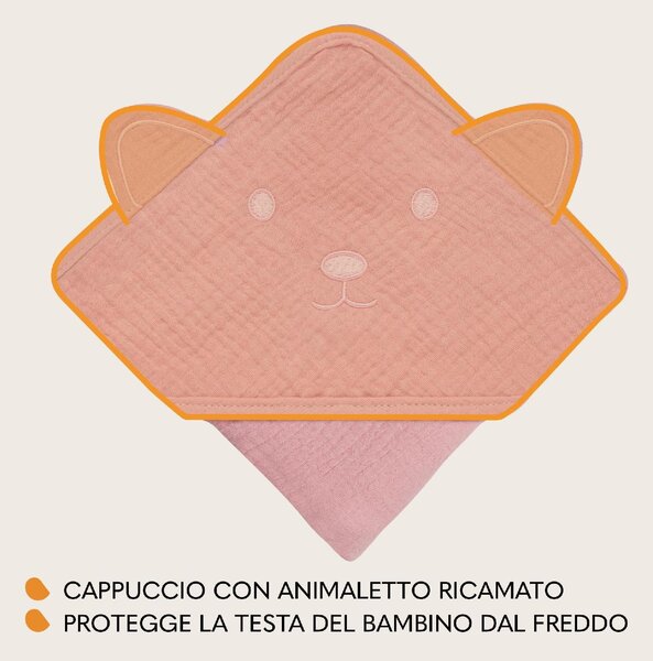 Lionelo Asciugamano con Cappuccio in Mussola 100% Cotone per Neonato Accappatoio colore Pink Baby - Muslin Hooded Towel