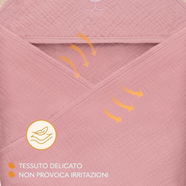 Lionelo Asciugamano con Cappuccio in Mussola 100% Cotone per Neonato Accappatoio colore Pink Baby - Muslin Hooded Towel