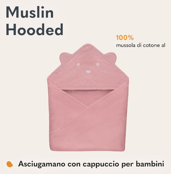 Lionelo Asciugamano con Cappuccio in Mussola 100% Cotone per Neonato Accappatoio colore Pink Baby - Muslin Hooded Towel