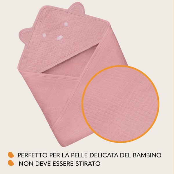 Lionelo Asciugamano con Cappuccio in Mussola 100% Cotone per Neonato Accappatoio colore Pink Baby - Muslin Hooded Towel