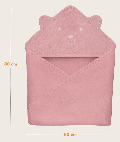 Lionelo Asciugamano con Cappuccio in Mussola 100% Cotone per Neonato Accappatoio colore Pink Baby - Muslin Hooded Towel