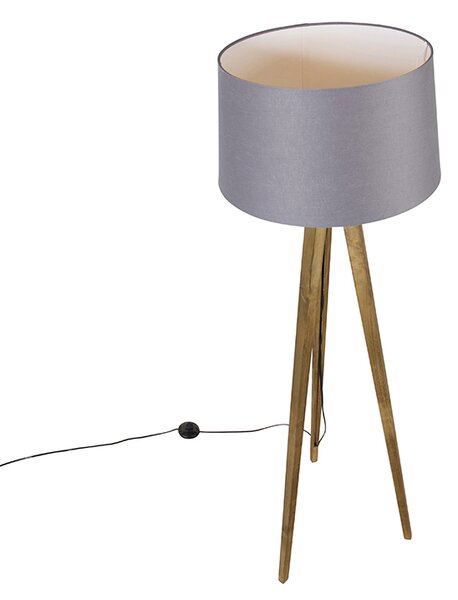Lampada da terra rustica vintage in legno con paralume in lino grigio scuro 45 cm - Tripod Classic
