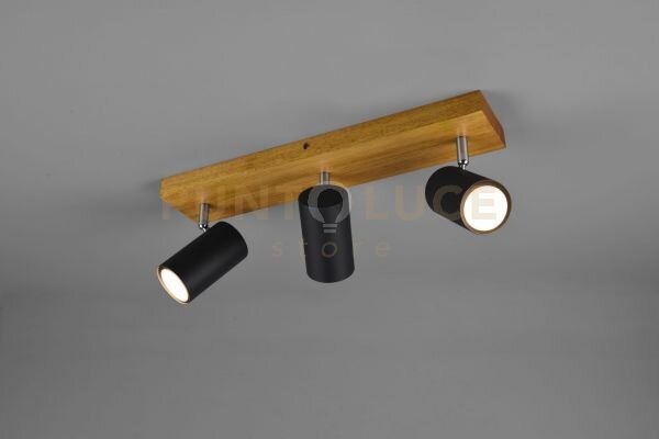 Marley barra 3 spots cilindri neri base legno naturale l. 44cm 3 lu