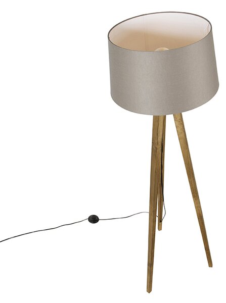 Lampada da terra a treppiede rustica vintage in legno con paralume in lino color tortora 45 cm - Tripod Classic