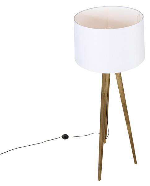 Lampada da terra a treppiede rustica vintage in legno con paralume in lino bianco 45 cm - Tripod Classic
