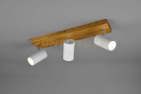 Marley barra 3 spots cilindri bianchi base legno naturale l. 44cm 3