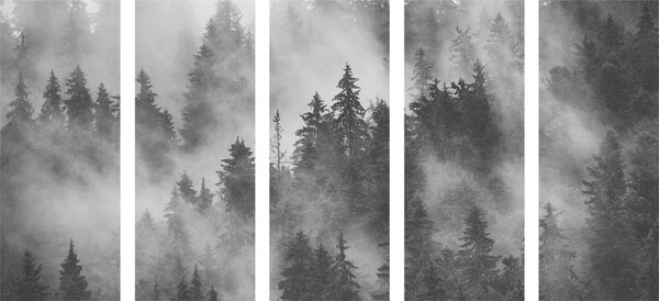 Quadri 5 pezzi – Montagne nella nebbia in bianco e nero