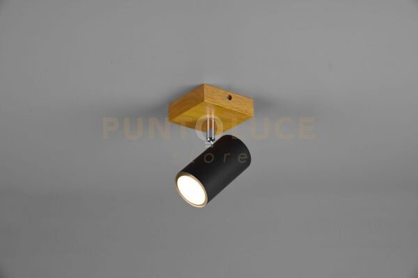 Marley base spot cilindro nero base legno naturale h. 16cm 1 luce a